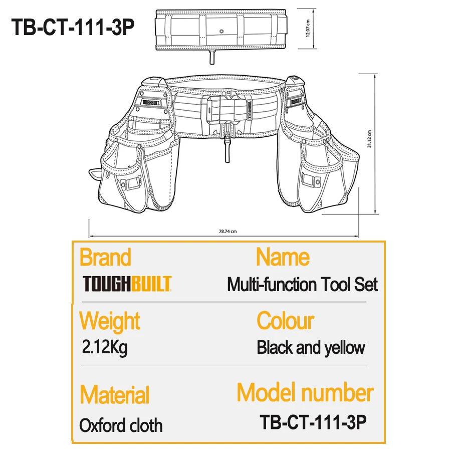 ToughBuilt TB-CT-111-3P ClipTech Tradesman Tool Belt Set (3pcs) 27 Pockets and Loops Heavy Organizer Tool Pouch