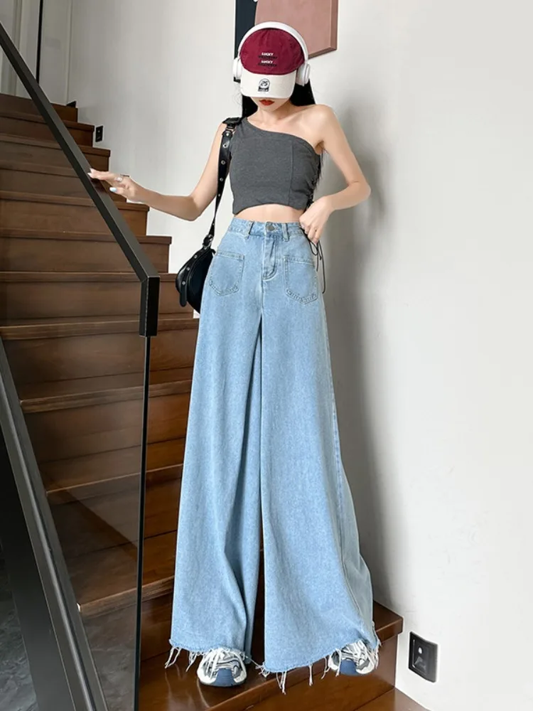 Jeans Women Vintage Loose High Waist Elegant Streetwear Chic Wide Leg Korean Style Fashion All-match Autumn Retro New Blue