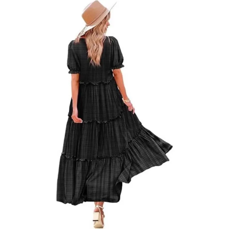 Vestidos formales para Mujer, cuello redondo, manga corta, bohemio, pequeño vestido acampanado con estampado Floral, falda larga versátil de estilo turístico para Mujer