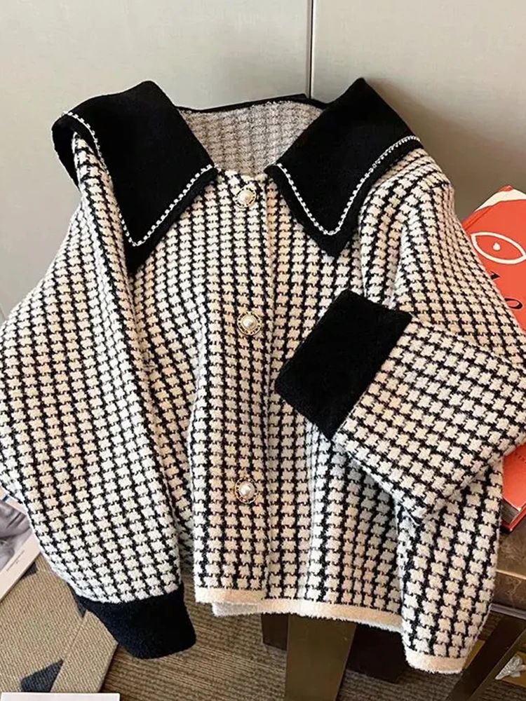 Jmprs Chic Sailor Collar Plaid Jackets Women Sweet Long Sleeve Korean Loose Coats Fashion Diamonds Elegant Female Design Tops