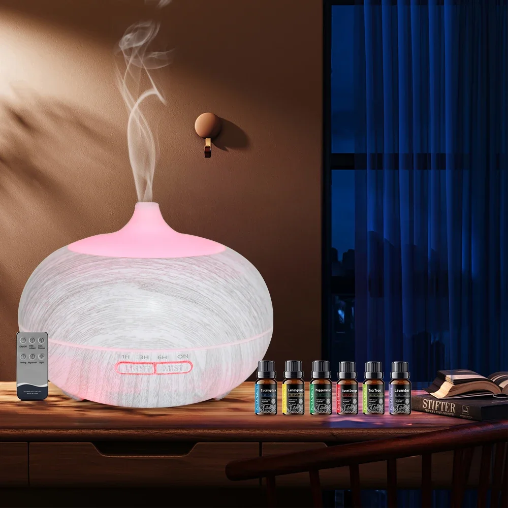550ml Wood Grain Essential Oil Diffuser Comes with Remote, 6 Oils & 7 Color LED Mood Light