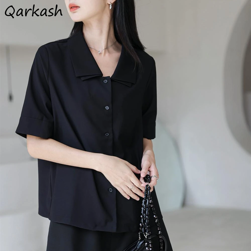 

Women Shirts Solid Summer Short Sleeve Simple Basics Korean Fashion Retro Elegant Leisure All-match Cozy Soft Breathable Chic