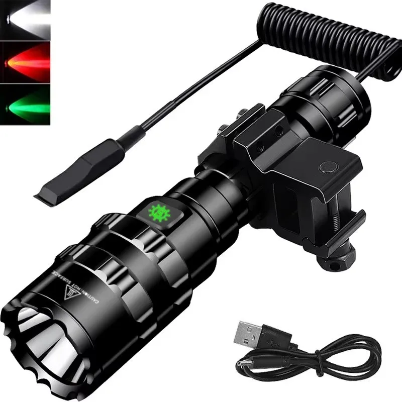 

White/Red/Green Light 5Modes L2 1600 Lumens USB 18650 Battery Rechargeable LED Outdoor Tactical Flashlight Lamp