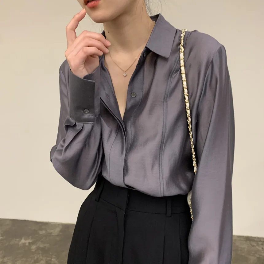 Korean Style Pure Color Shirt Women's See-through Casual Straight-cut Long-sleeve Thin Fabric Pure Color Pattern Open-cardigan