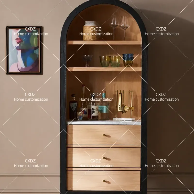 American Solid Wood Bookcase Retro Side Cabinet European Wine Display Cabinet French Living Room Locker Bookshelf