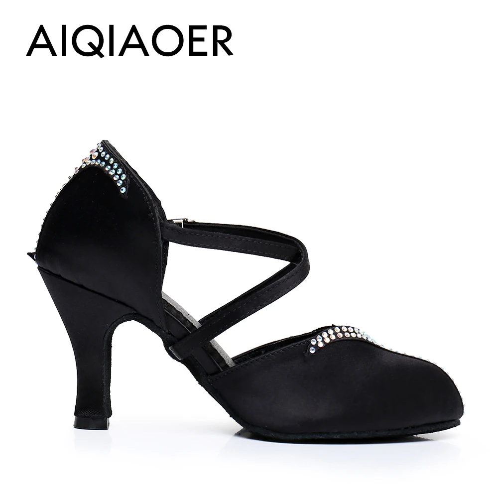 New Latin dancing shoes Lady Salsa Tango Ballroom party sneakers Rhinestone satin black outdoor closed toe shoes