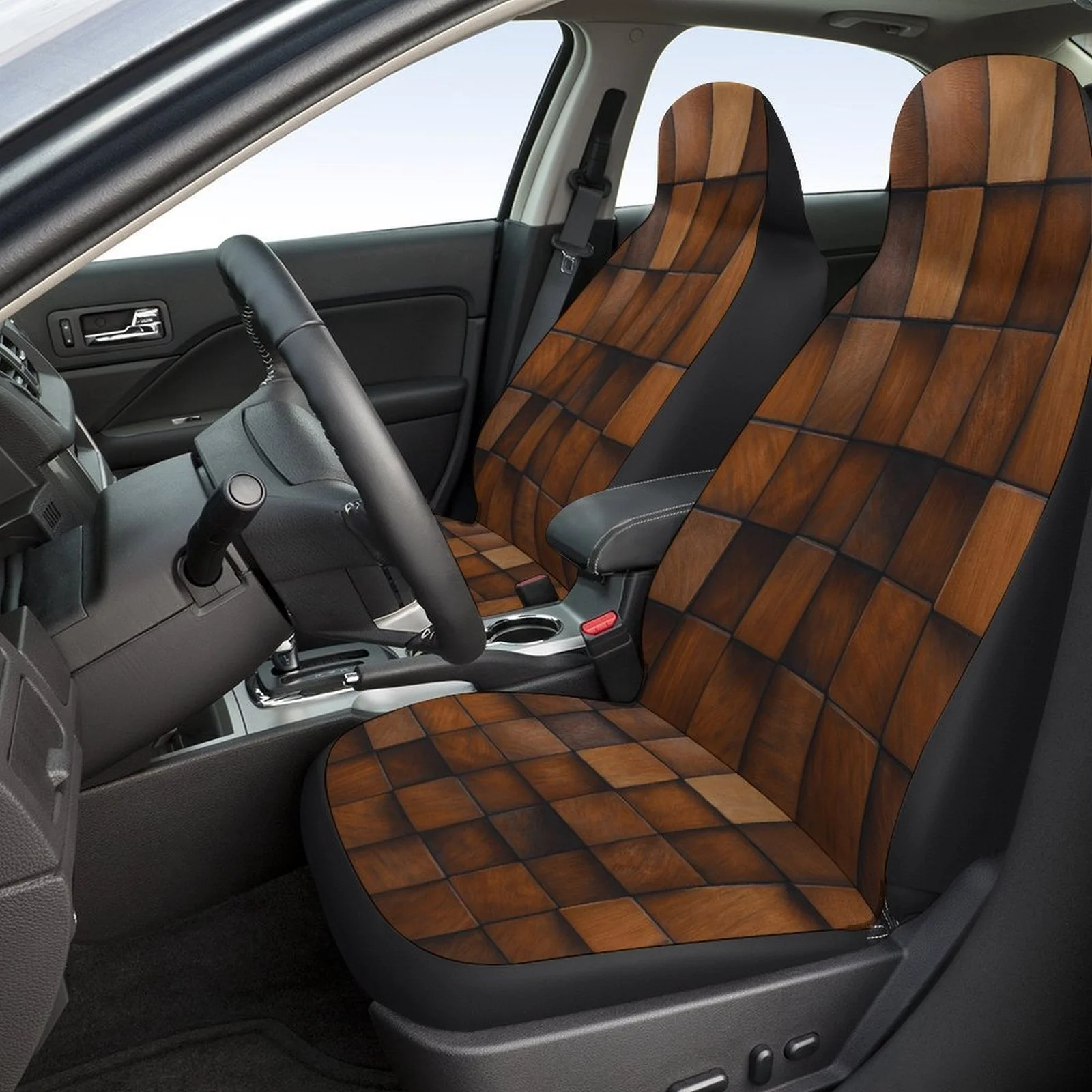 Wooden Tiles Pattern Themed Car Seat Covers Set For Most Cars, Decorative Fashionable High-quality Car Seat Protector Covers Ful