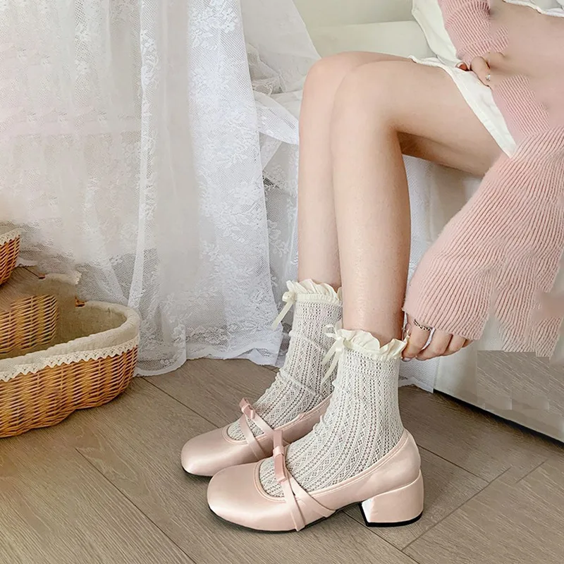 Socks Woman Summer Hollow Lace Bowknot Lolita Solid Color Socks Middle Tube Thin Casual White Sweet Girls Stockings