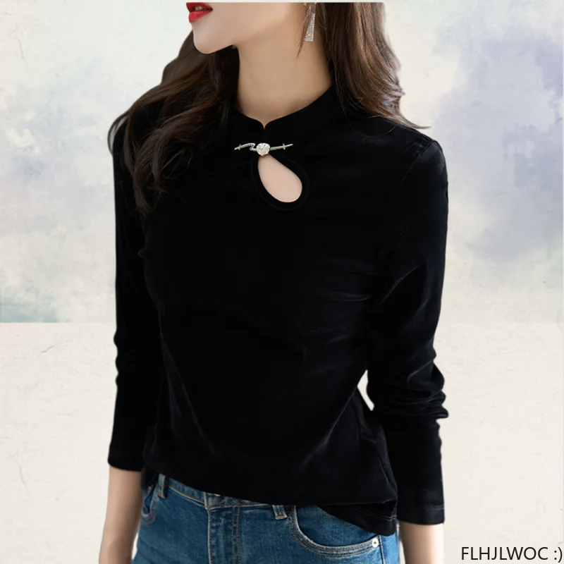 Chinese Style Chi-pao Collar Design Black Velvet Tops New Year 2024 Spring Women Date Girls Elegant Retro Shirt Blouse Vintage