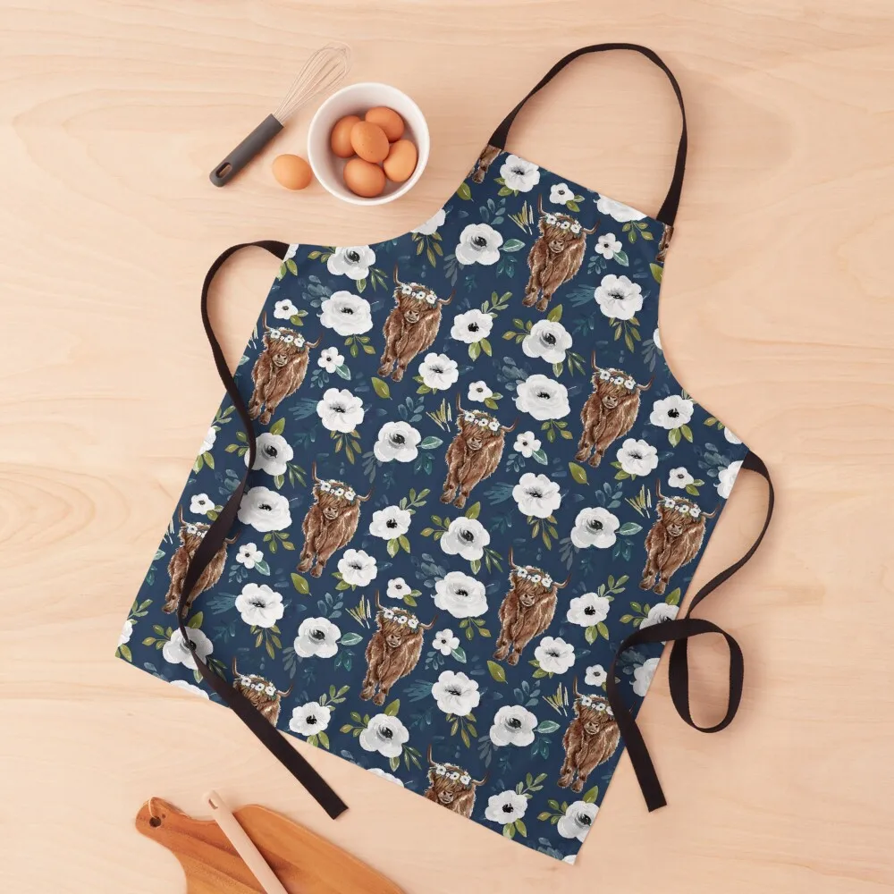 

Highland Cow Floral on Navy Blue, Watercolor Floral, Cow Art, Farm Animals Apron For Men Apron