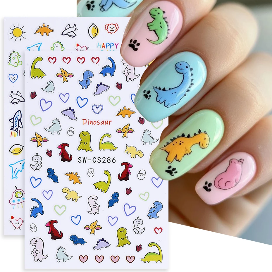 2 pezzi adesivi per nail art dinosauro cartone animato 3D graffiti simpatico dinosauro cane fiore amore design decalcomanie per unghie cursori decorazione manicure fai da te