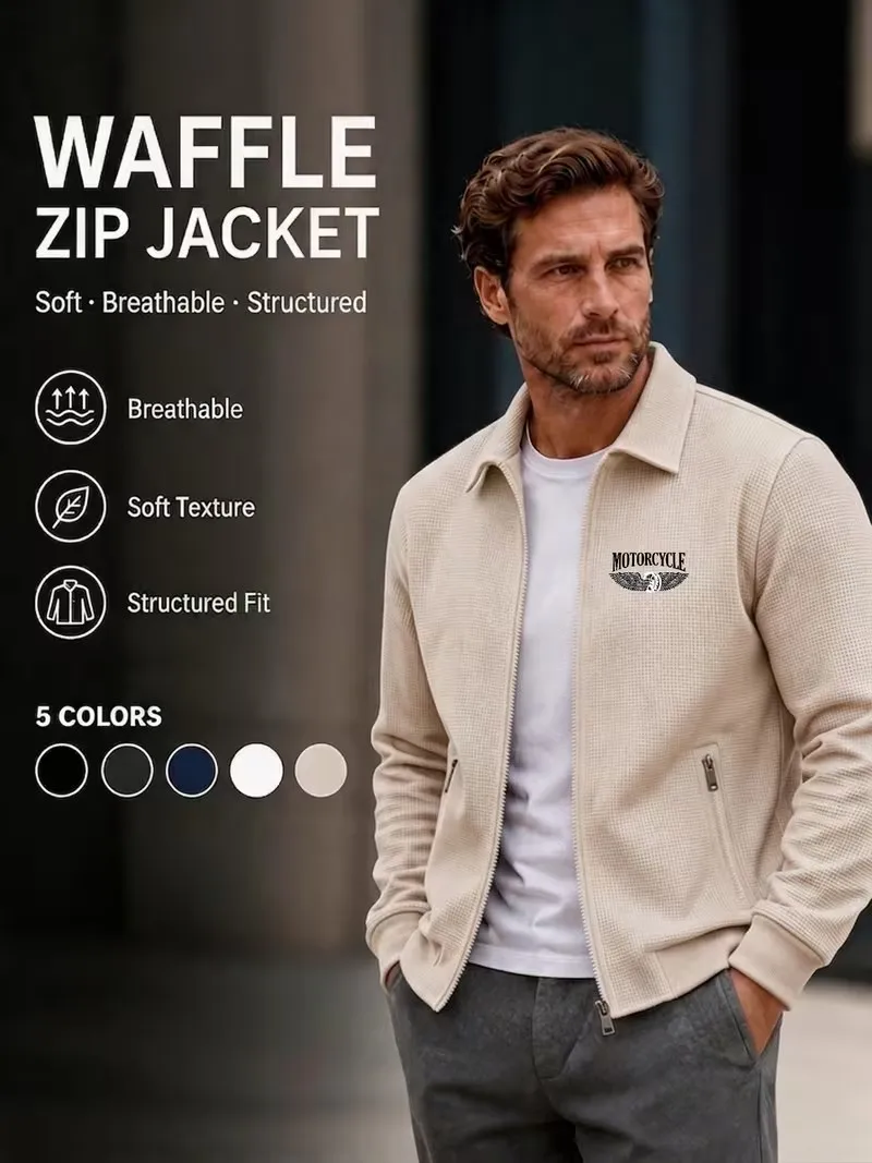 Men's Premium Casual Waffle Lapel Zip up Jacket Logo Detail Spring Autumn Versatile Fashion Outerwear 4 Colors