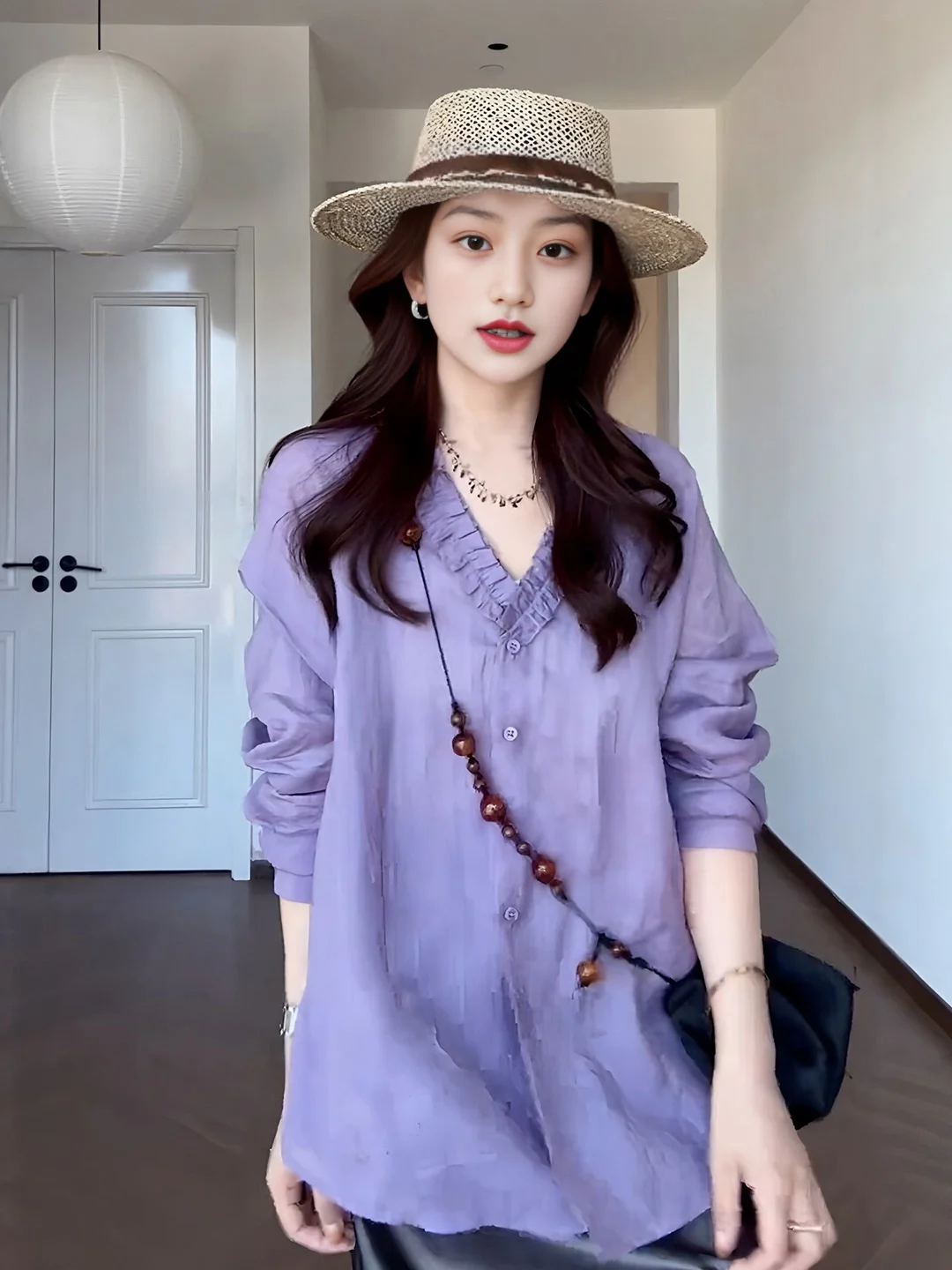 plus Size Korean Style V-Neck Long Sleeve Shirt Women's Summer New White Enhancing Purple Color Block Sun Protection Top