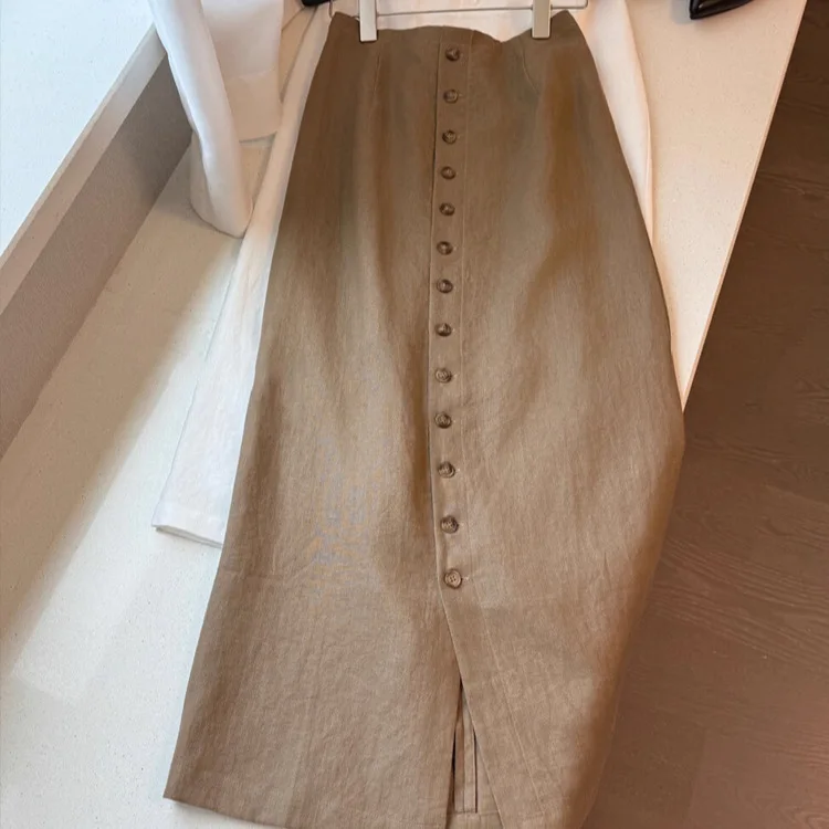 

Brown Linen Skirt Women's 2026 Design Slim Single Breasted Slit Chic Skirt Vinaishi