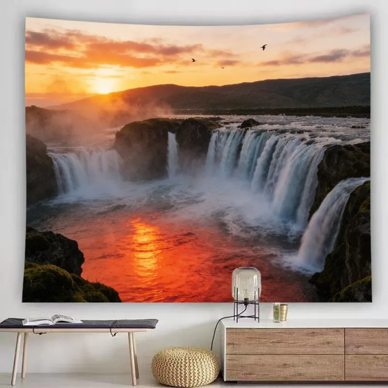 VIKAMA Sunset Waterfall Nature Tapestry Mountain River Scenery Wall Hanging Aesthetic Background Decor for Bedroom Living Room