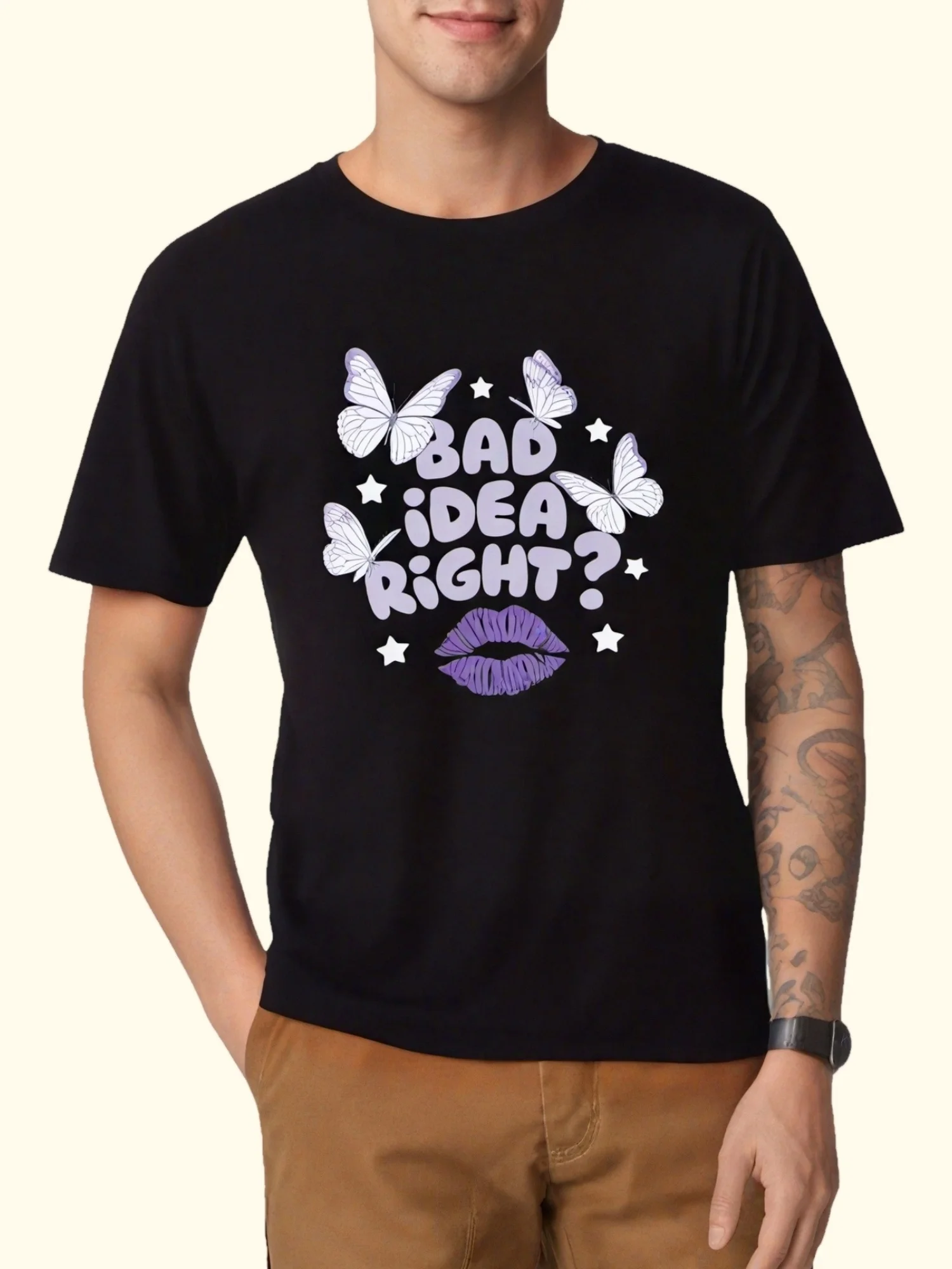 

Мужская повседневная футболка с круглым вырезом и надписью "BAD IDEA RIGHT" Принт, летняя вязаная футболка из полиэстера, топ стандартного кроя с короткими рукавами