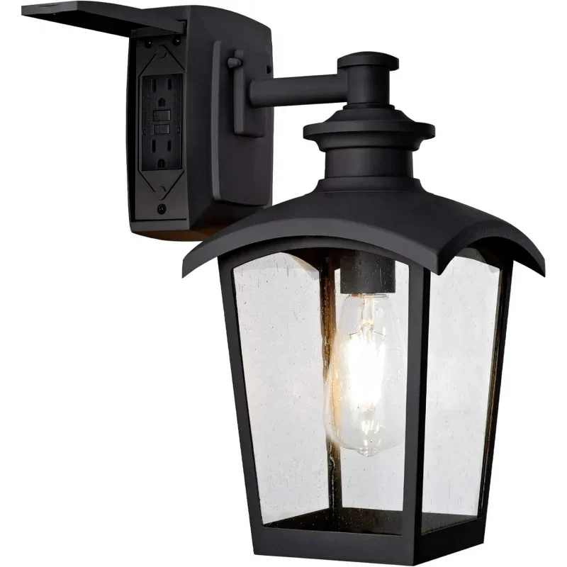 31703 Spence 1-Light Outdoor Wall Lantern with Seeded Glass and Built-in GFCI Outlet, Black