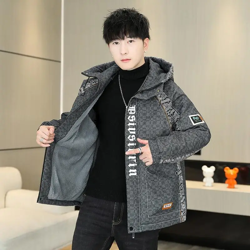 

Fashion Winter Men's Plush Thickened Hooded Jacket Youth Streetwear Windproof Fleece Warm Coat Outwear Loose Top Parkas Clothing