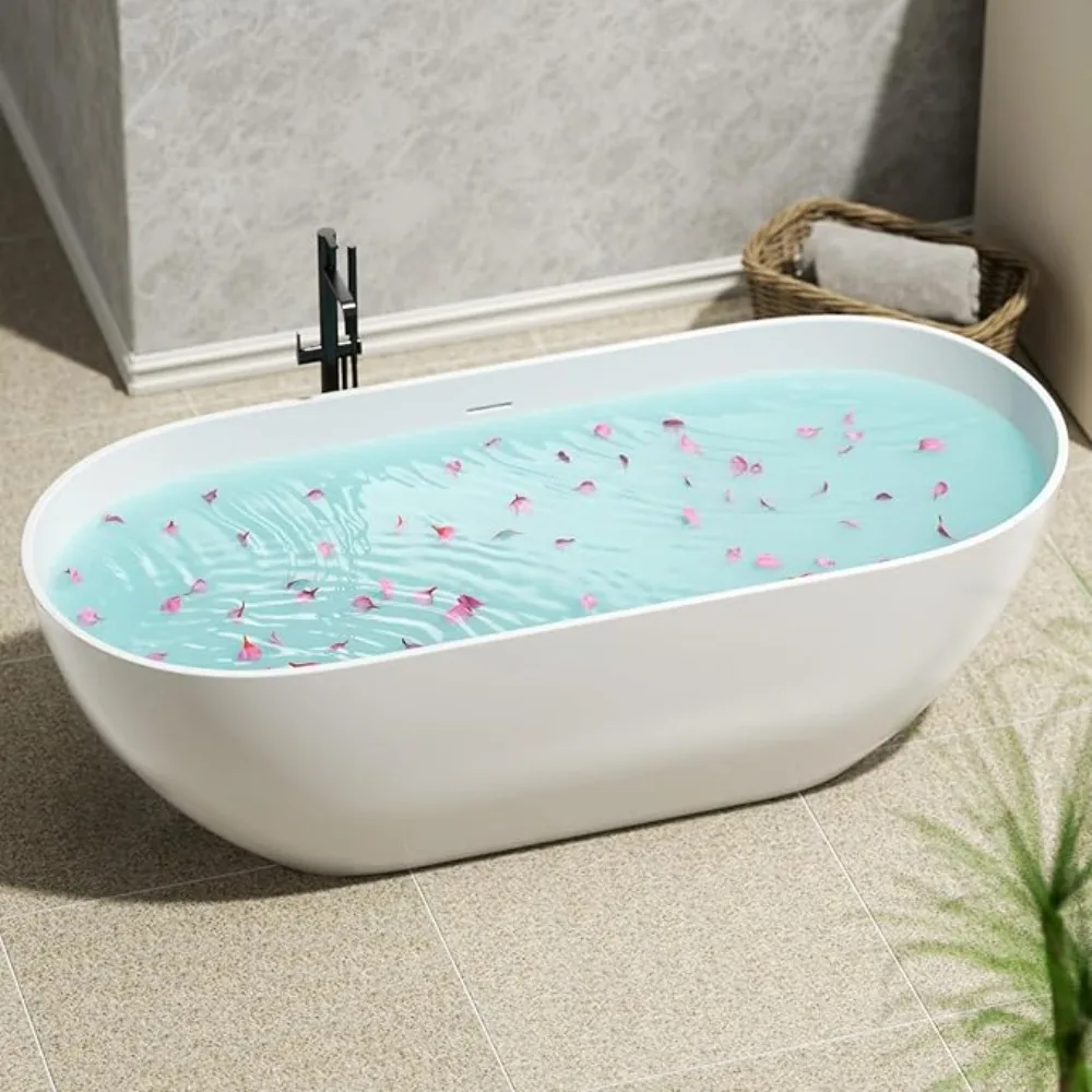 

Bathtub, 59 in, Oval Solid Surface, Freestanding Soaking Tub with Integrated Slotted Overflow and Drain, Freestanding Tub