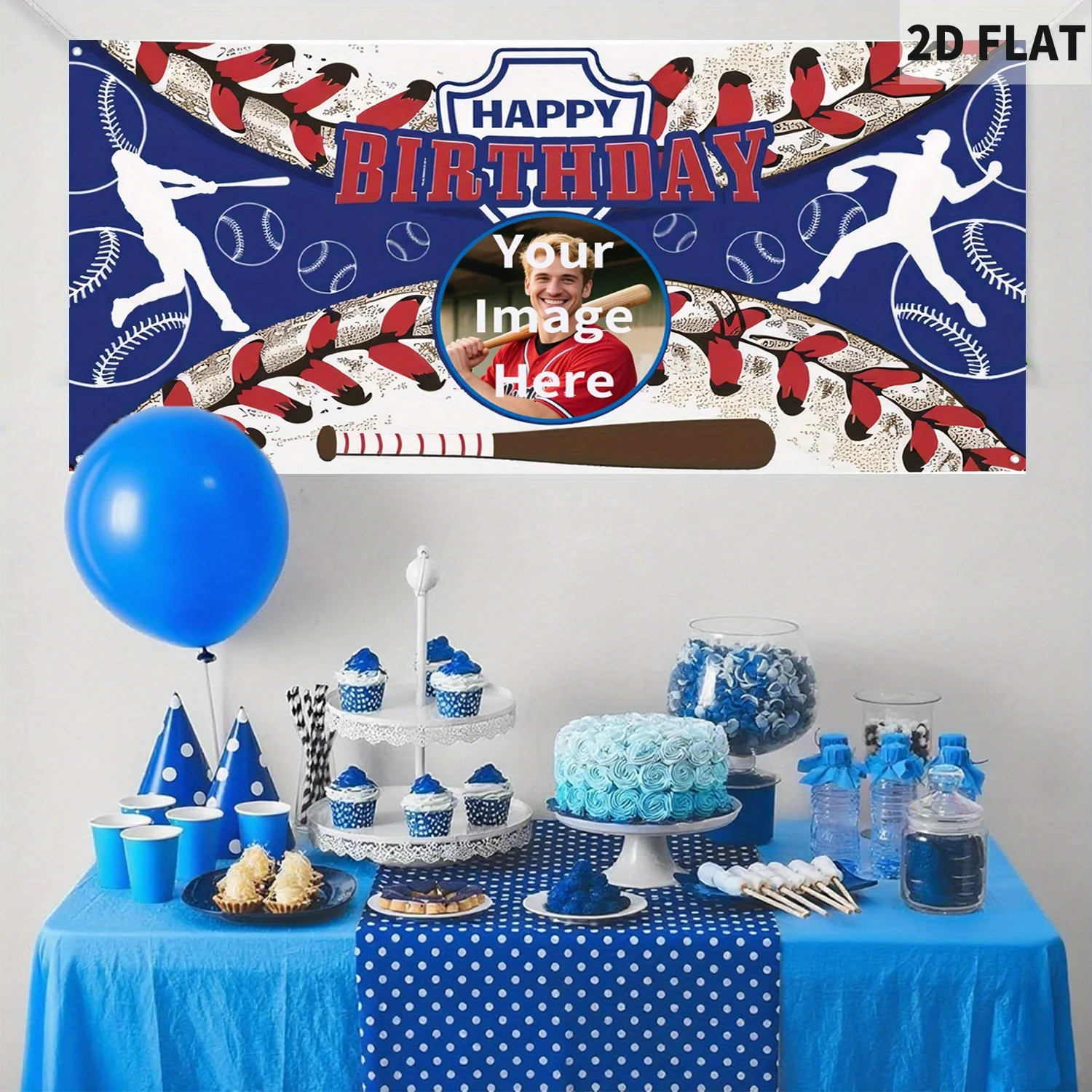 

1pc Personalized Interesting Baseball Design Happy Birthday Banner Backdrop with Your Image - Polyester Backdrop with 4 Holes