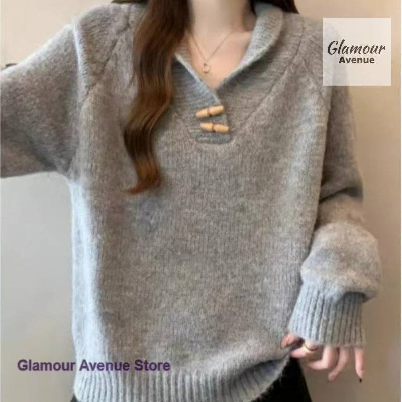 

French style lazy horn loose lapel sweater women's autumn and winter new sweater rotator cuff high sense casual Joker top.