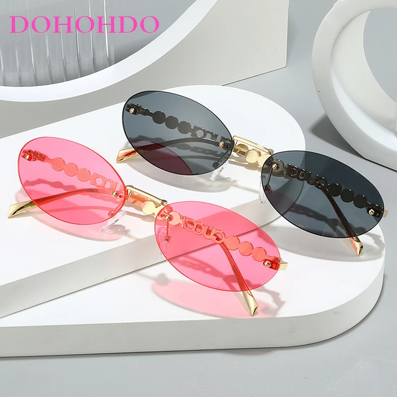 New Luxury Metal Pearl Rimless Oval Sun Glasses Women Men Fashion Designer Eyeglass Summer Traveling Drive Sunglass Female UV400