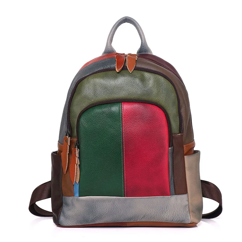 Patchwork Woman Genuine Leather Backpack Unique Real Cow Leather Shoulder Bags Ladies Fashion Cowhide Travel Bagpack