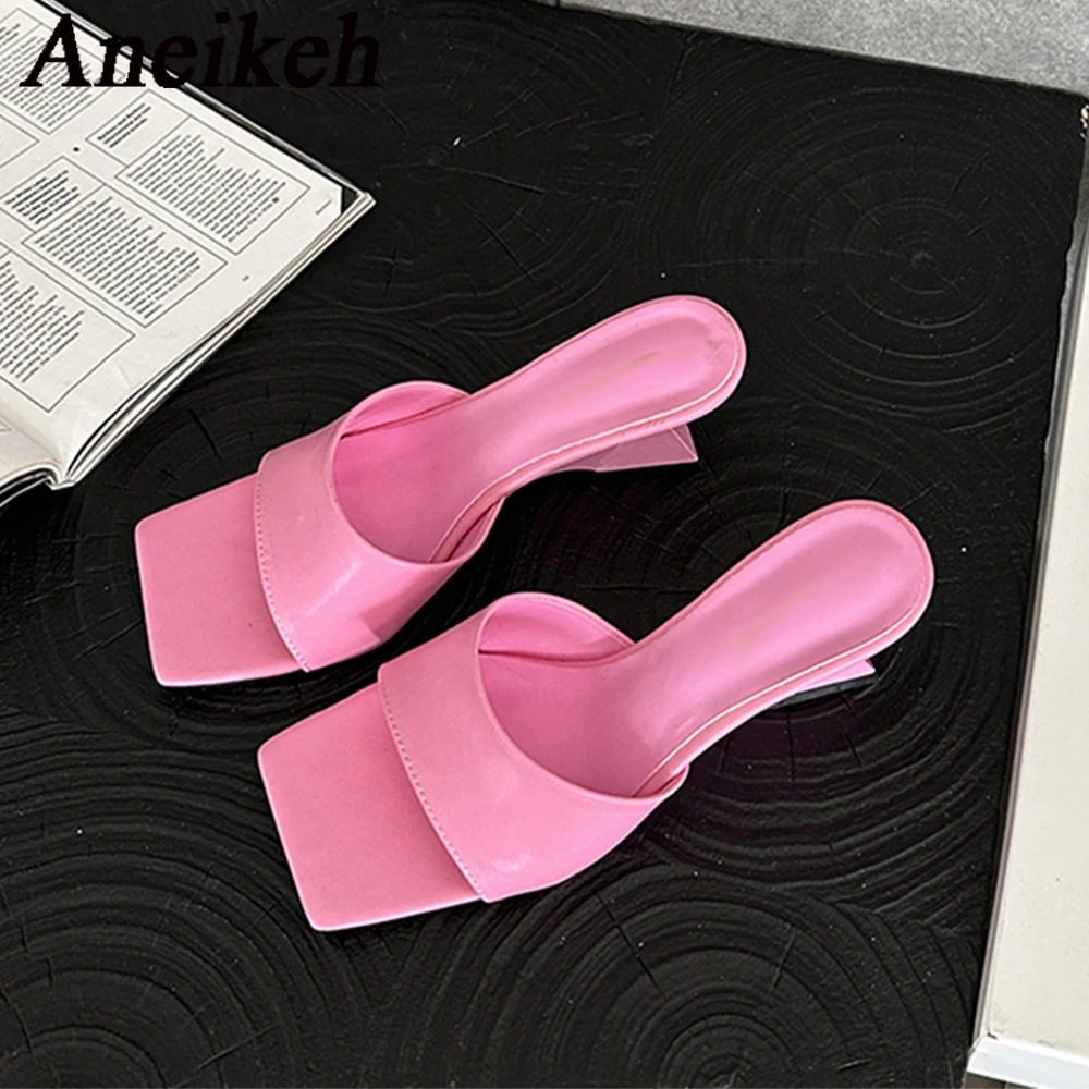 Aneikeh 2024 New Arrival Triangle Strange Style Heels Heel Woman Slippers Sexy Street Party Square Toe Dress Slides Summer Shoes