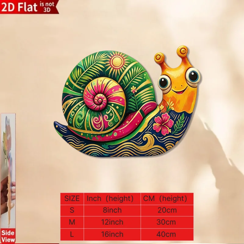 CIFBUY 1pc 2D Flat Painted Metal Wall Hanging, Tropical Cute Big-Eye Snail Design with Sun Palm Hibiscus Wave Pattern,