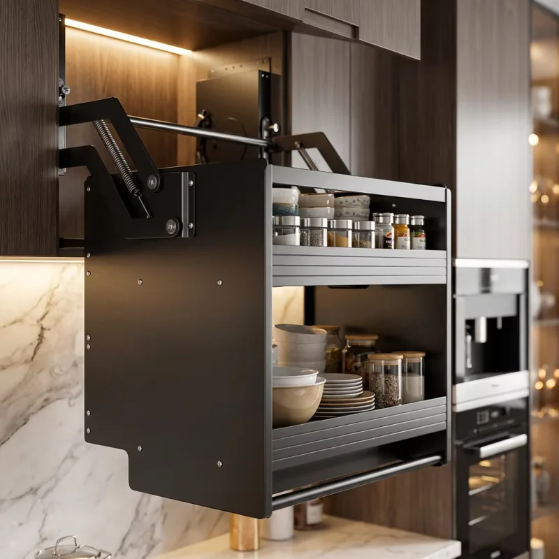 Universal High Cabinet Storage System with Reinforced Metal Frame for Kitchen Efficiency Overhead Pull Down Elevator Basket