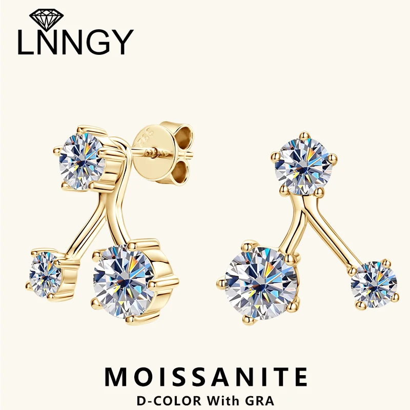 Lnngy 6.5mm&5mm&4mm Moissanite Earring for Women 925 Sterling Silver Stud Earrings Front And Back Ear Jacket Jewelry 2024 Trend