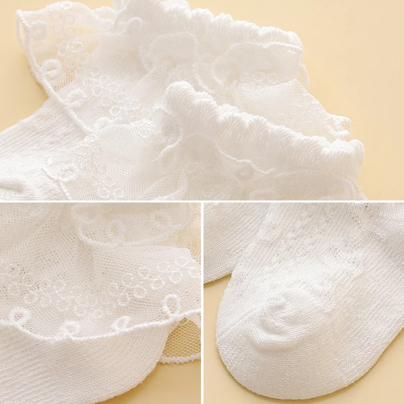 Weiße Spitzen-Rüschensocken für Mädchen, Prinzessinnen-Tanzsocken, atmungsaktive Kinder-Sommer-Baumwollsocken, weiche, bequeme Kinderschuhe – Detail 7