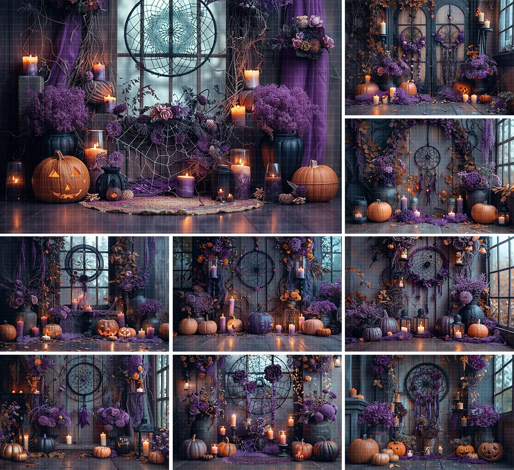 Fondo de fotografía Mehofond Boho Interior Halloween flor púrpura calabaza niños cumpleaños retrato decoración telón de fondo estudio fotográfico