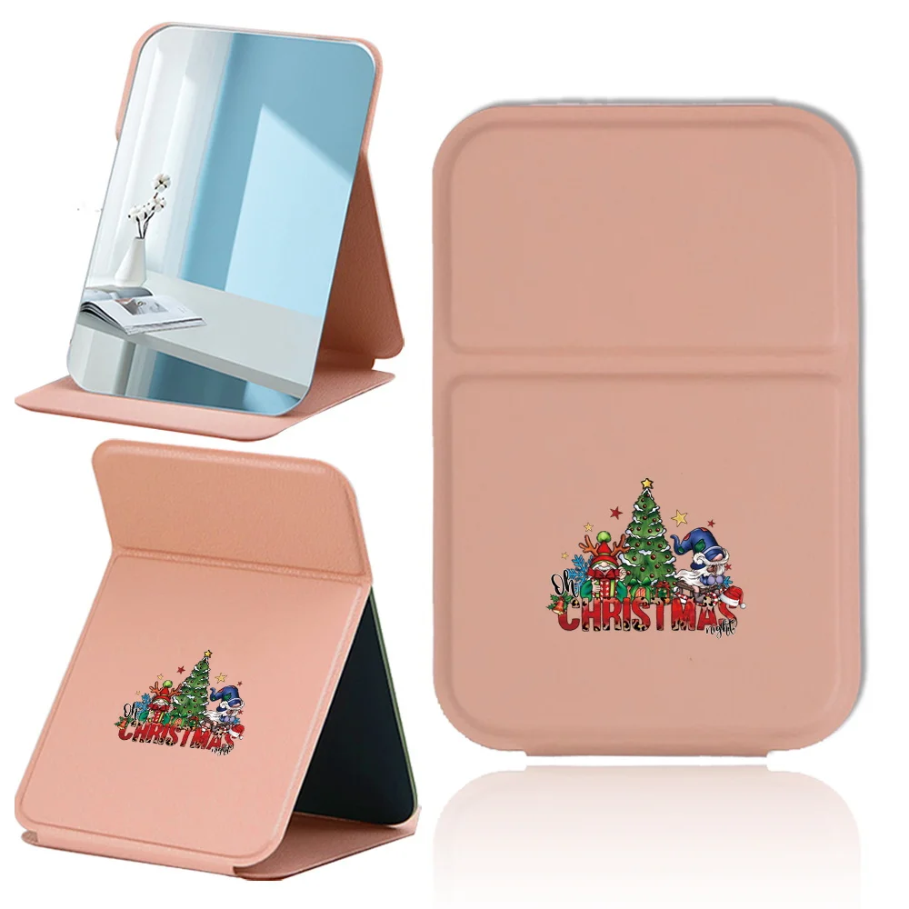 Desktop Folding Makeup Mirror Christmas Print Handheld Pocket Mirror Portable Non Slip Beauty Tool Christmas Pattern