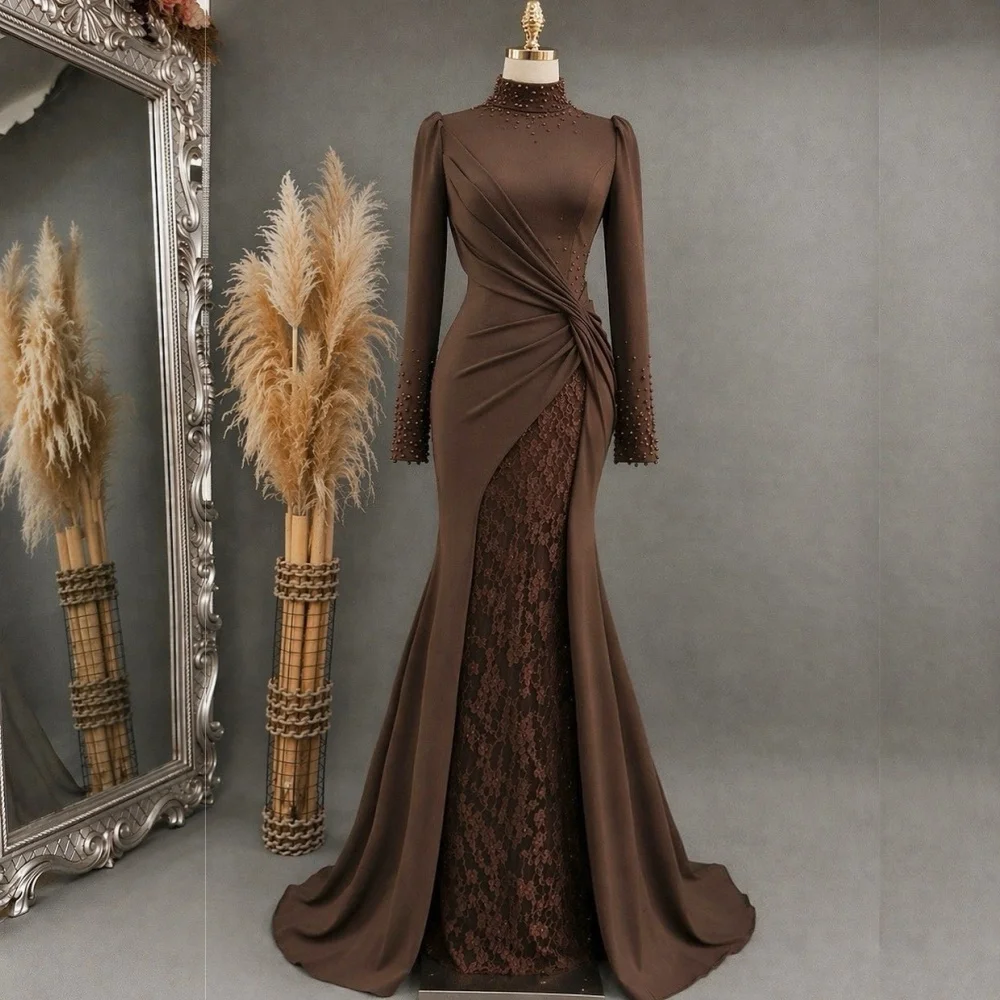 Maßgeschneidertes Exquisites Hochgeschlossenes Abendkleid mit Perlenstickerei Meerjungfrau-Stil Bodenlang Spitze Elegantes Party-Hochzeitskleid für Bankette