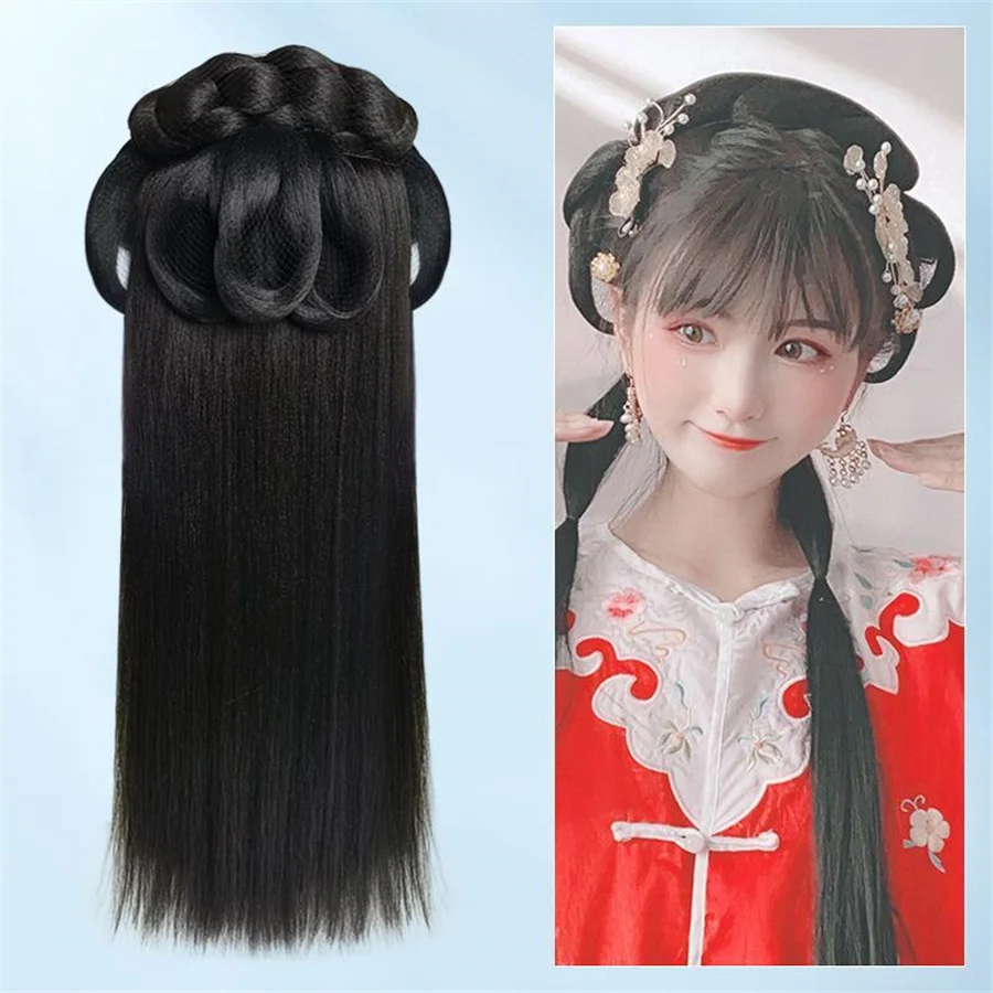 Hanfu วิกผมแบบเต็มศีรษะสไตล์โบราณกระเป๋าวิกแบบที่คาดศีรษะแบบ all-in-One สำหรับผู้หญิง