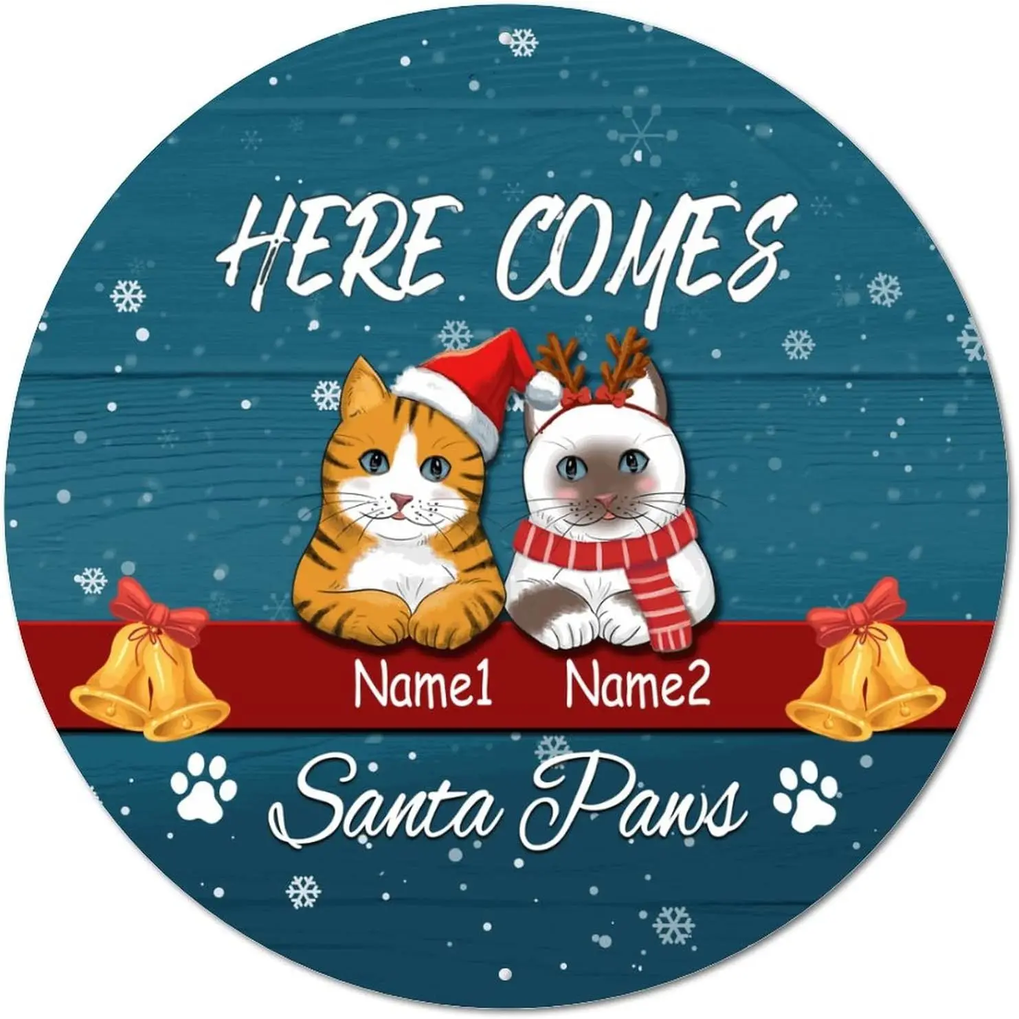 Round Metal Tin Sign Plaque Custom Cat Name Here Comes Santa Paws Circle Wreath Sign Vintage Home Bar Sign Plaque Rustic