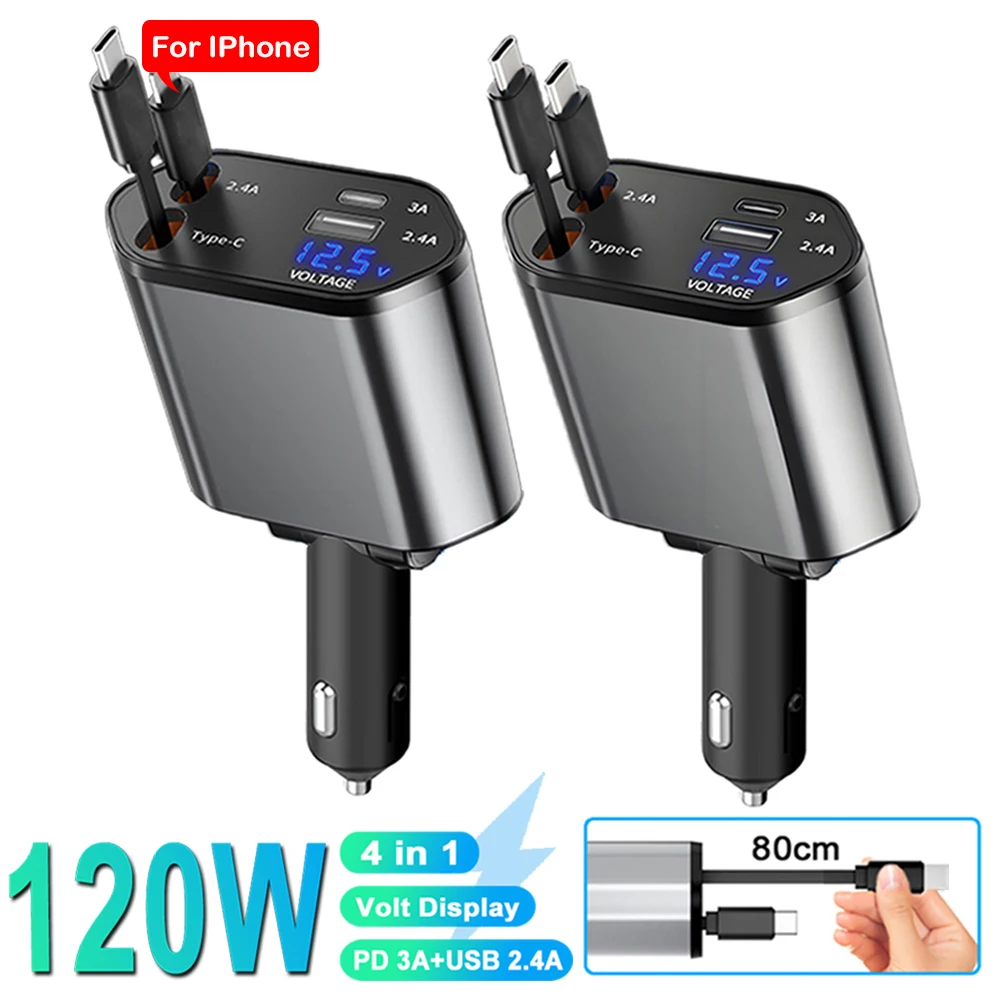 4-in-1-Autoladegerät 120W Typ C 66W+2,4A Ladekabel mit einziehbaren Kabeln und Voltanzeige für iPhone, Huawei, Samsung