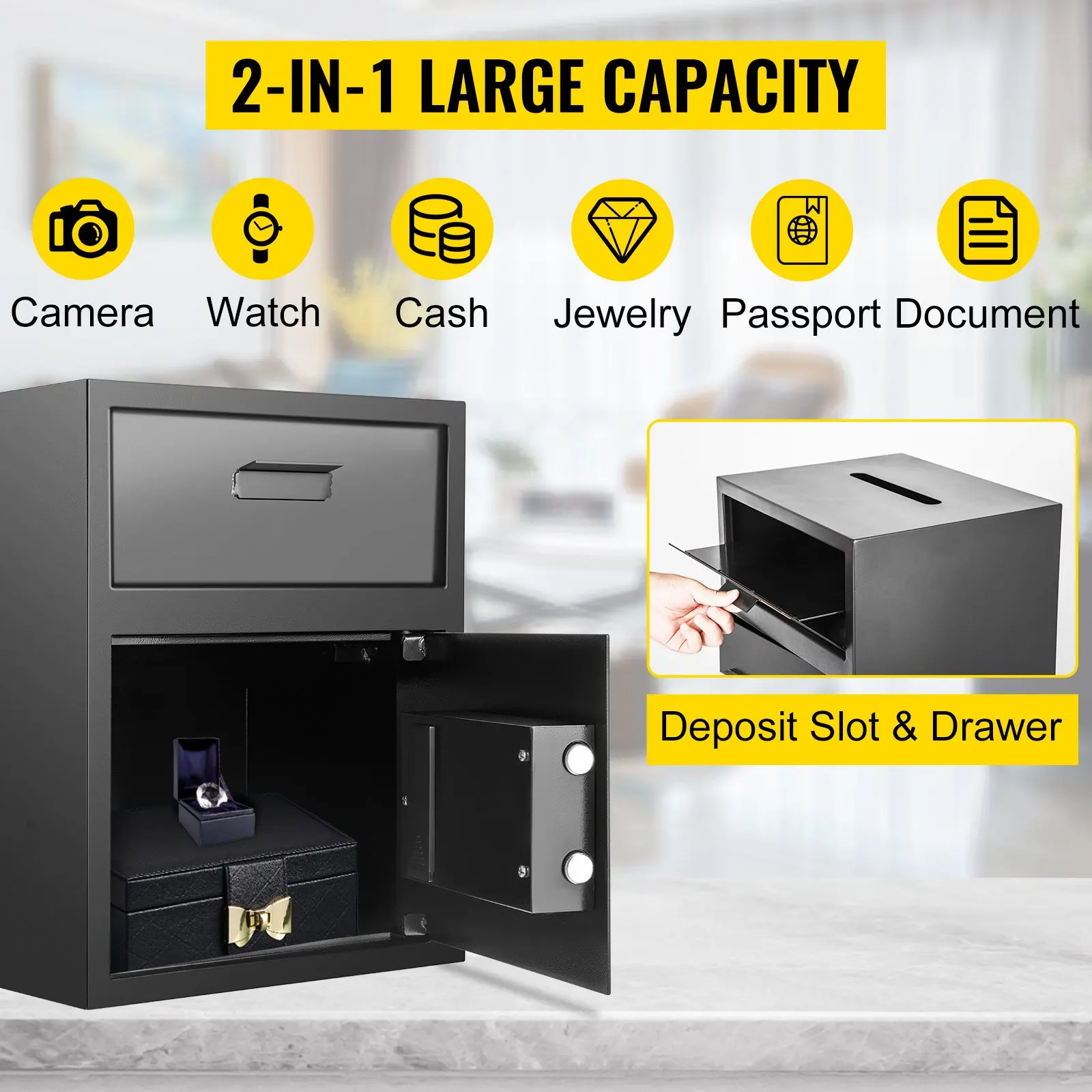 Digital Depository Safe 1.7 Cu Ft Carbon Steel Electronic Code Lock with Deposit Slot Two Emergency Keys for Home Hotel Office