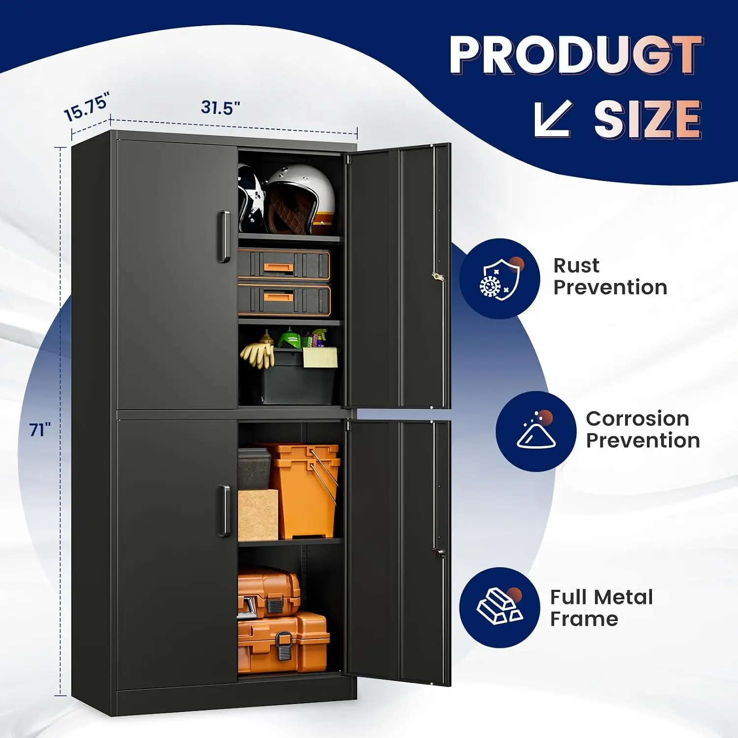 Metal Storage Cabinet 4 Doors 2 Adjustable Shelves, 71