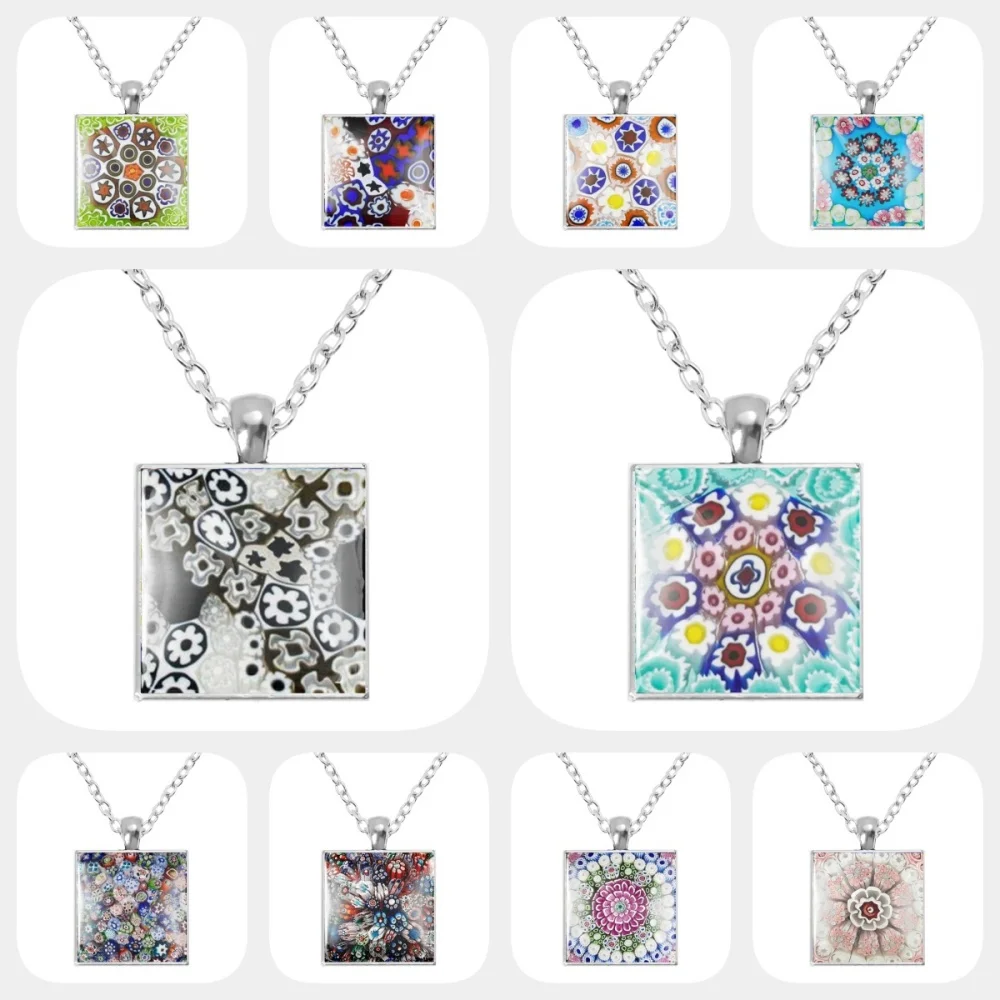 Murano Millefiori Square Pendant Necklace MultiColour Flower Glass Cabochon Necklace Jewelry For Women Men Gift Wholesale