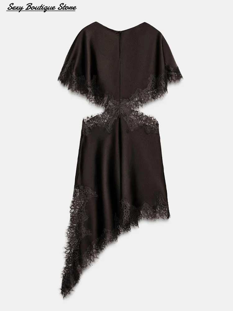 فستان مثير عتيق من الدانتيل البني الساتان بفتحات واسعة ورقبة دائرية شال نصف كم رداء للحفلات أنيق للإجازات فيستدو 2025 فساتين نسائية جديدة