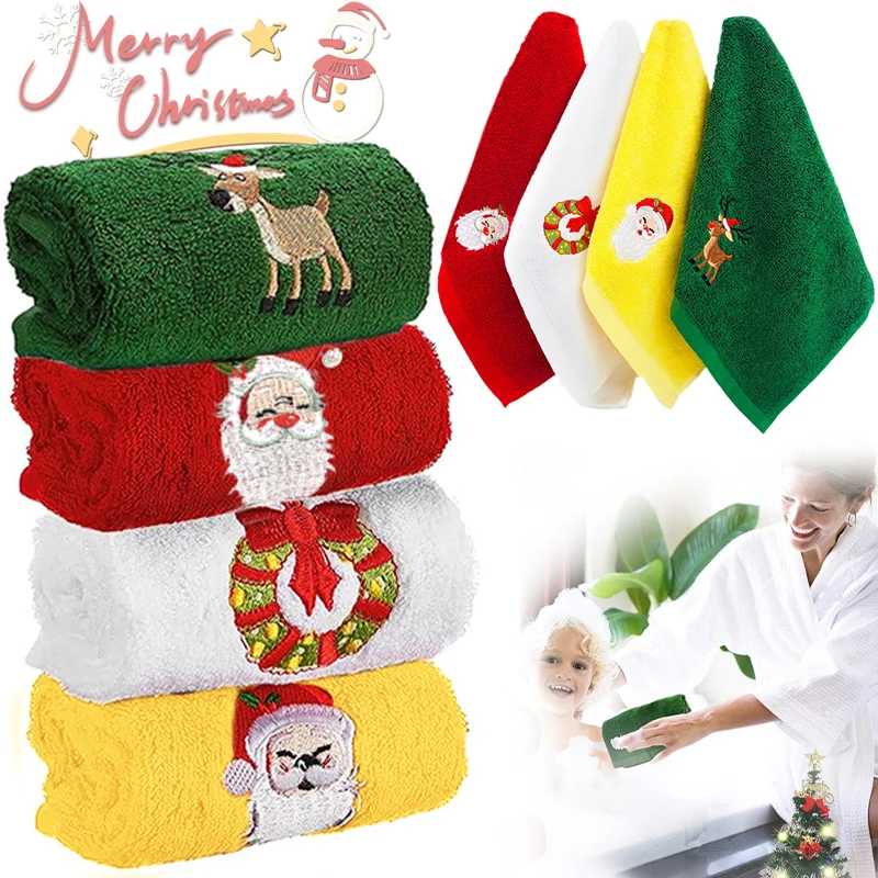 1/4pcs Cotton Christmas Hand Towels, Santa Reindeer Christmas Tree Dish Towels Soft And Comfortable Quick Drying Cleaning Towel