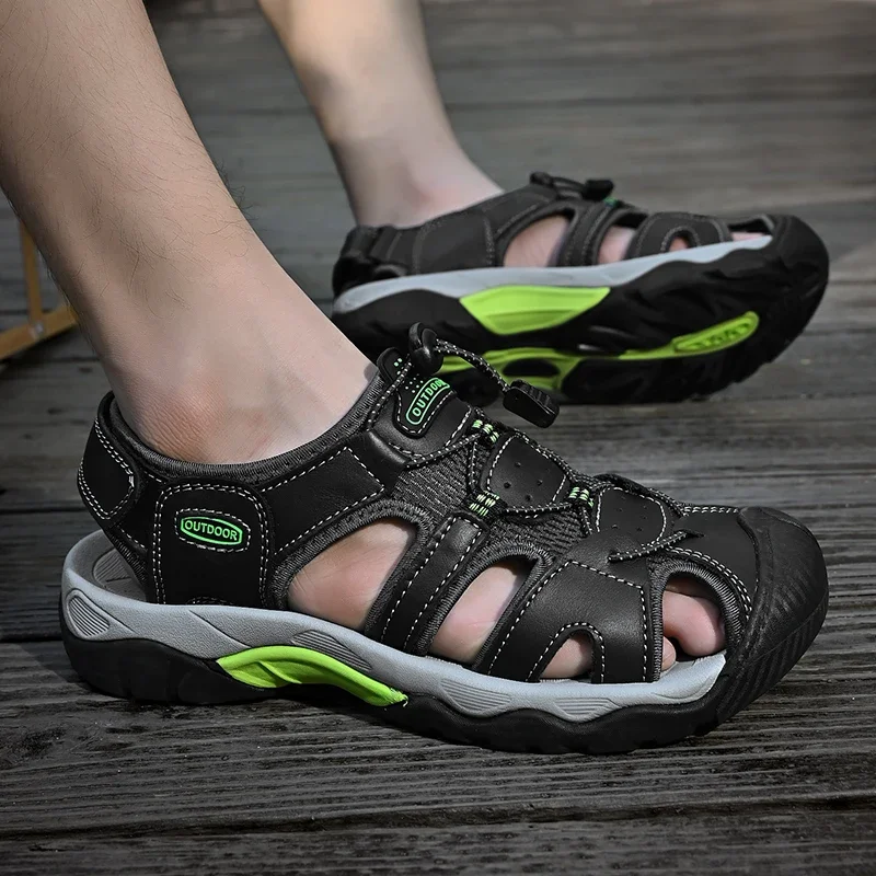 New Genuine Leather Shoes Men's Sandals Durable Handmade Stitching Close Toe Non Slip Footwear for Indoor Outdoor Beach