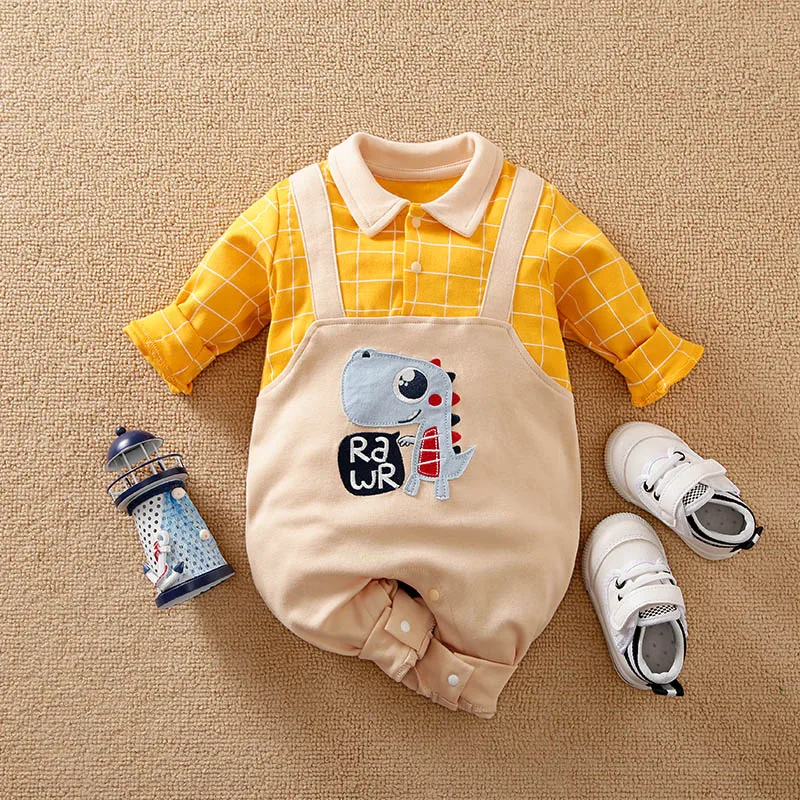 

Newborn BoyAnd GirlCasualAn Comfortable Fake Shoulder Straps Striped Cute Cartoon Dinosaur Spring AndAutumnLong Sleeved Jumpsuit