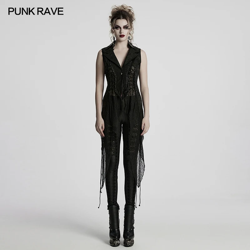 

PUNK RAVE женский готический темно-треснутый кожаный и сетчатый асимметричный жилет Alien Decadence с глубоким v-образным вырезом и нерегулярным подолом Клубные длинные топы
