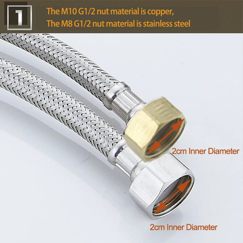 M10/M8 G1/2 Stainless Steel Braided Hose Faucets Mixed hot and Cold Water Inlet Pipe Basin Wash Basin Water Pipe 80cm1M1.5M2M