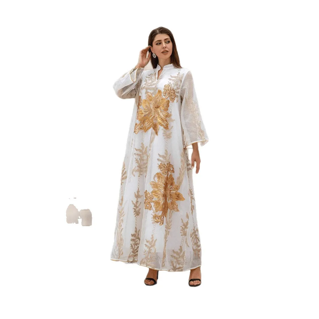 

Мусульманское платье трансграничной внешней торговли, золотое сожженное цветочное легкое роскошное платье Абая на Ближнем Востоке Абая Cw95923