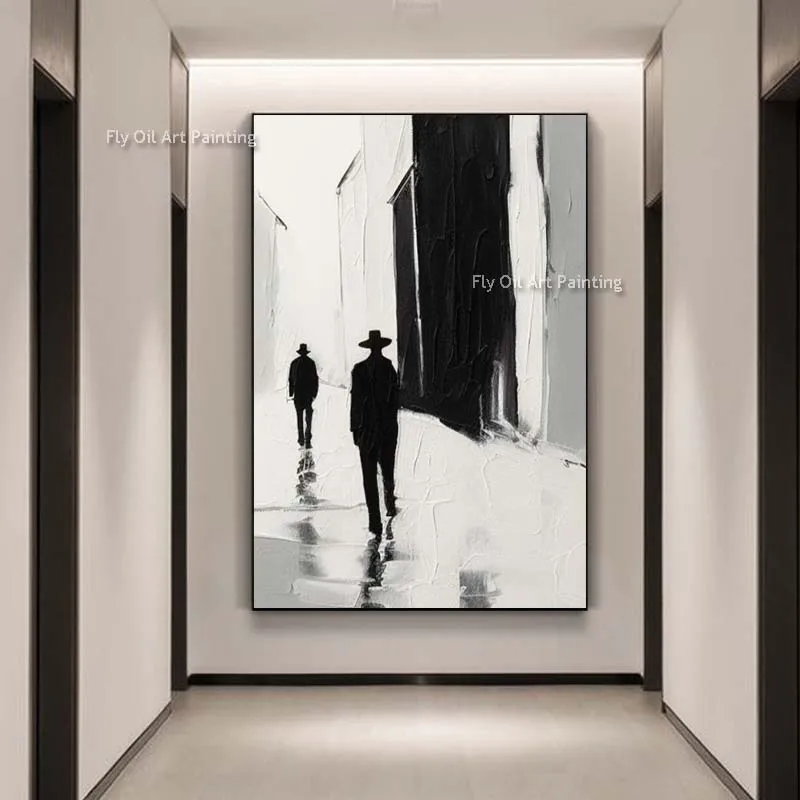 Minimalist Man In Raincoat Oil Painting Black Silhouette Art Man Walking Black And White Art Man In Fedora Hat Canvas Wall Decor