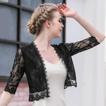 Bolero donna Femme manica lunga giacca di pizzo Casual pizzo Appliqued scialle Shurg matrimonio sposa mantello partito Wedding Wrap cappotto corto